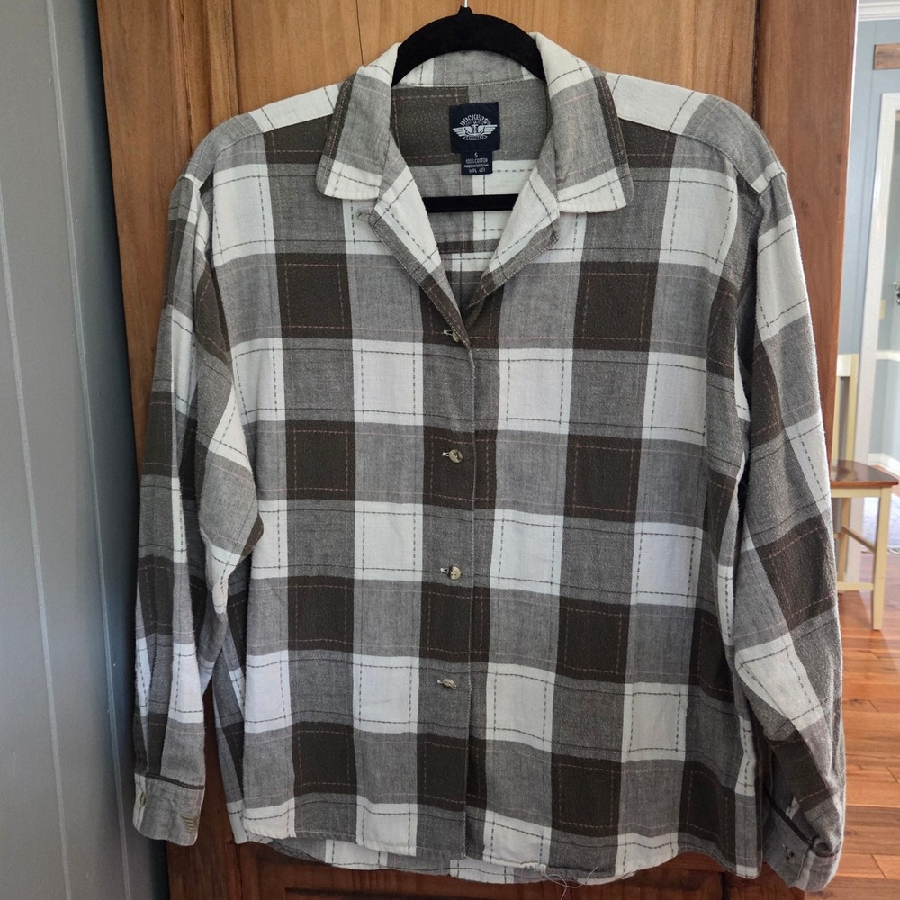 Dockers Women's Small Plaid Flannel Pajama Top 100% Cotton Sage Green